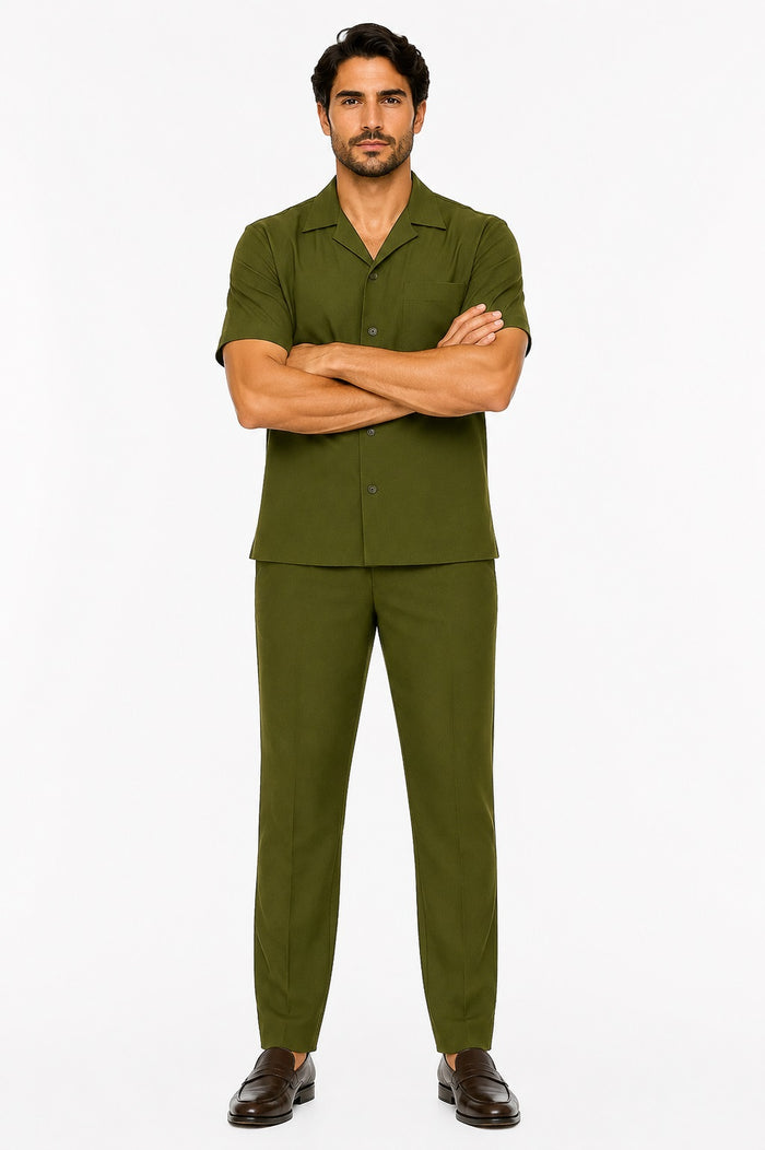 Mens Walking Suit in Color Olive Leisure Suit Casual Matching Shirt and Pants