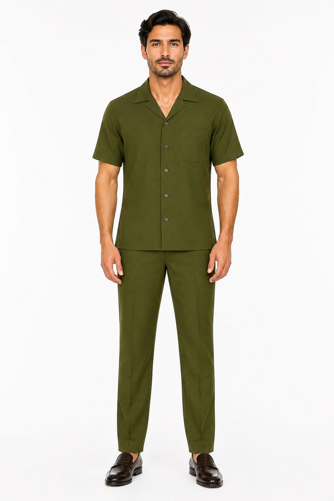 Mens Walking Suit in Color Olive Leisure Suit Casual Matching Shirt and Pants