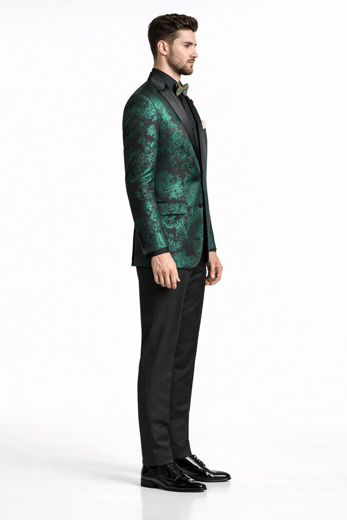 Emerald Green Paisley Tuxedo Suit - Prom 2026 Floral Tuxedo Suit - Groom Wedding Suit