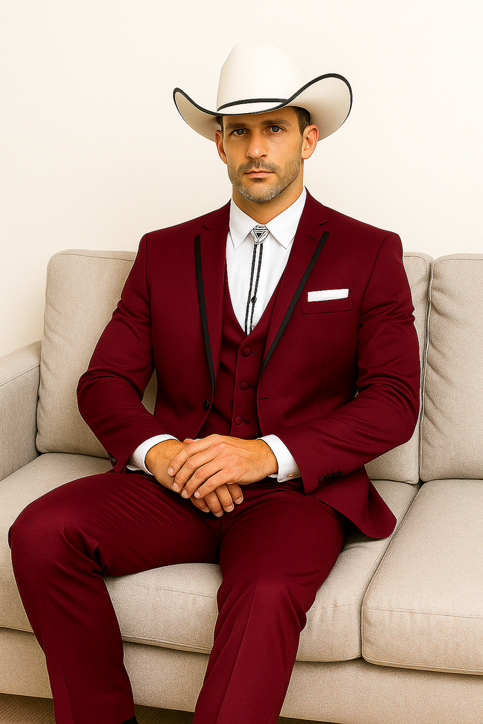 SKU#JA60892 Country Tuxedos Mens Traje Vaquero - Burgundy Tuxedo