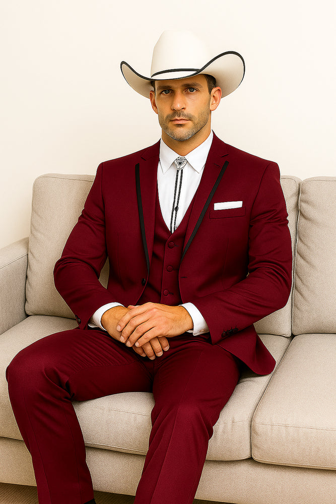 SKU#JA60892 Country Tuxedos Mens Traje Vaquero - Burgundy Tuxedo