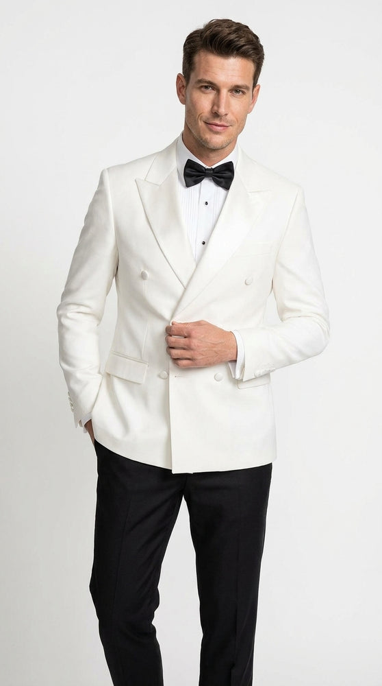 Men's White Double Breasted Dinner Jacket – Peak Lapel Tuxedo Blazer for Weddings, Black Tie & Formal Events