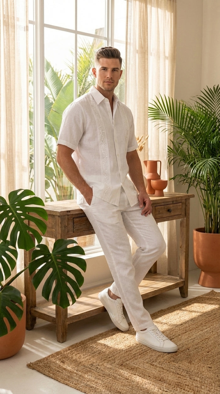 Mens White Embroidered Walking Suit Set – Short Sleeve Shirt and Pants Casual Summer Outfit for Vacation, Beach and Everyday Wear
