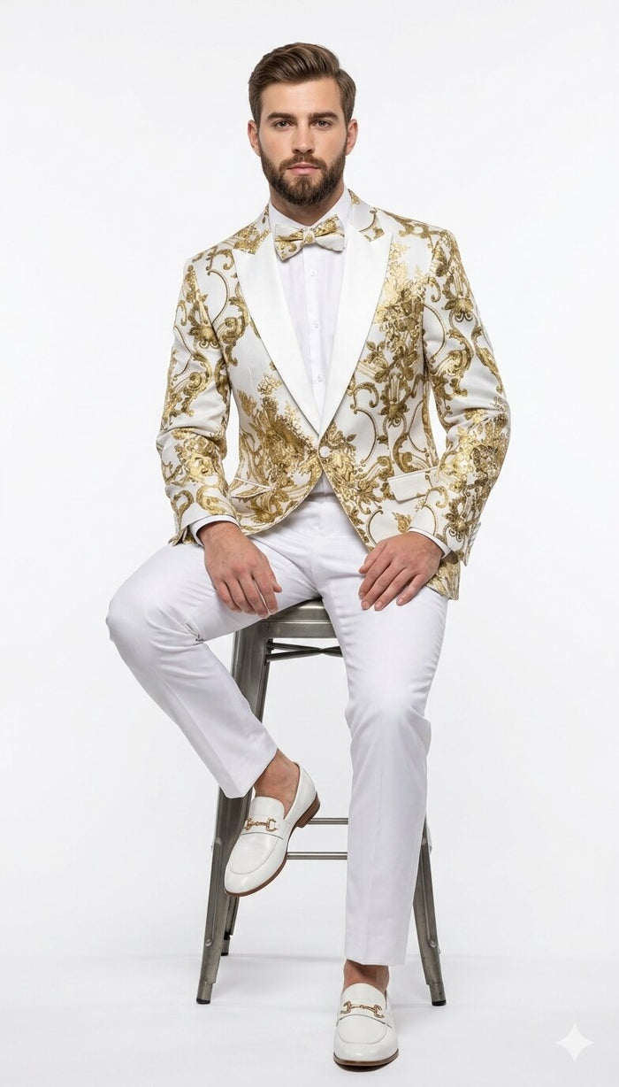 Mens White and Gold Floral Tuxedo Jacket with Satin Lapel – Luxury Prom, Wedding and Formal Dinner Blazer