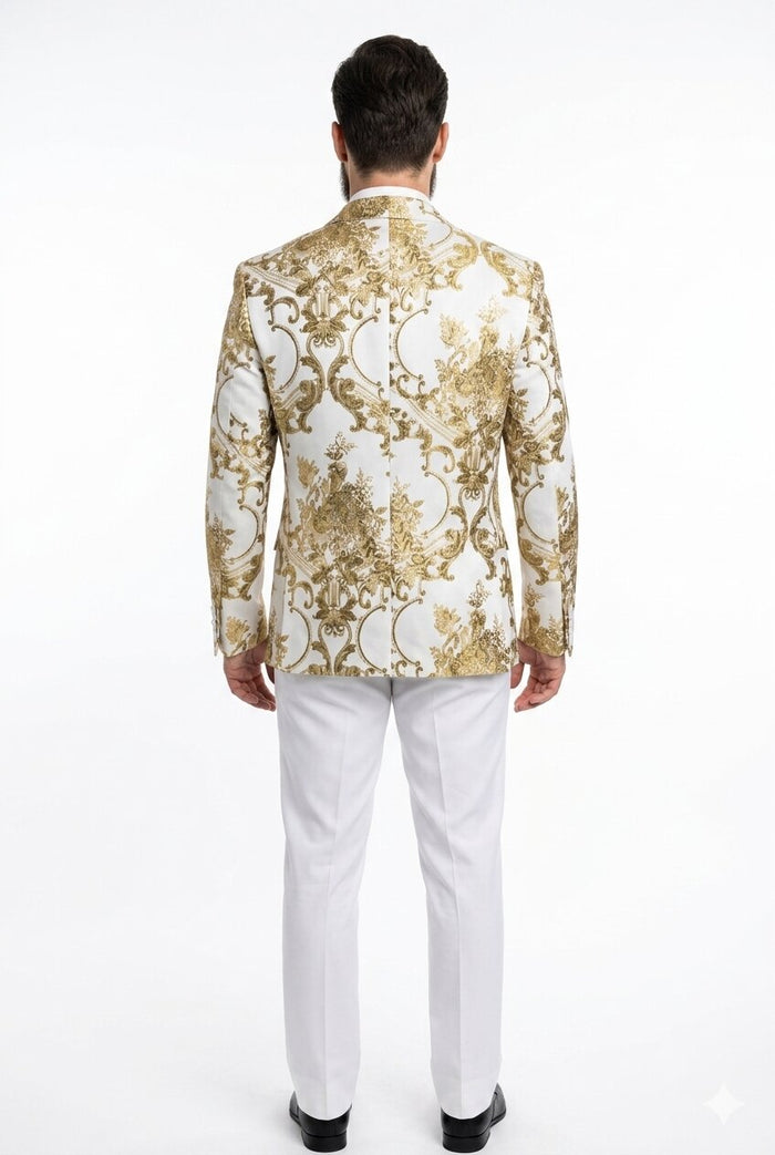 Mens White and Gold Floral Tuxedo Jacket with Satin Lapel – Luxury Prom, Wedding and Formal Dinner Blazer