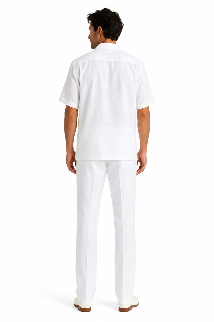 Mens White Linen Shirt and Pants Casual Outfit Set