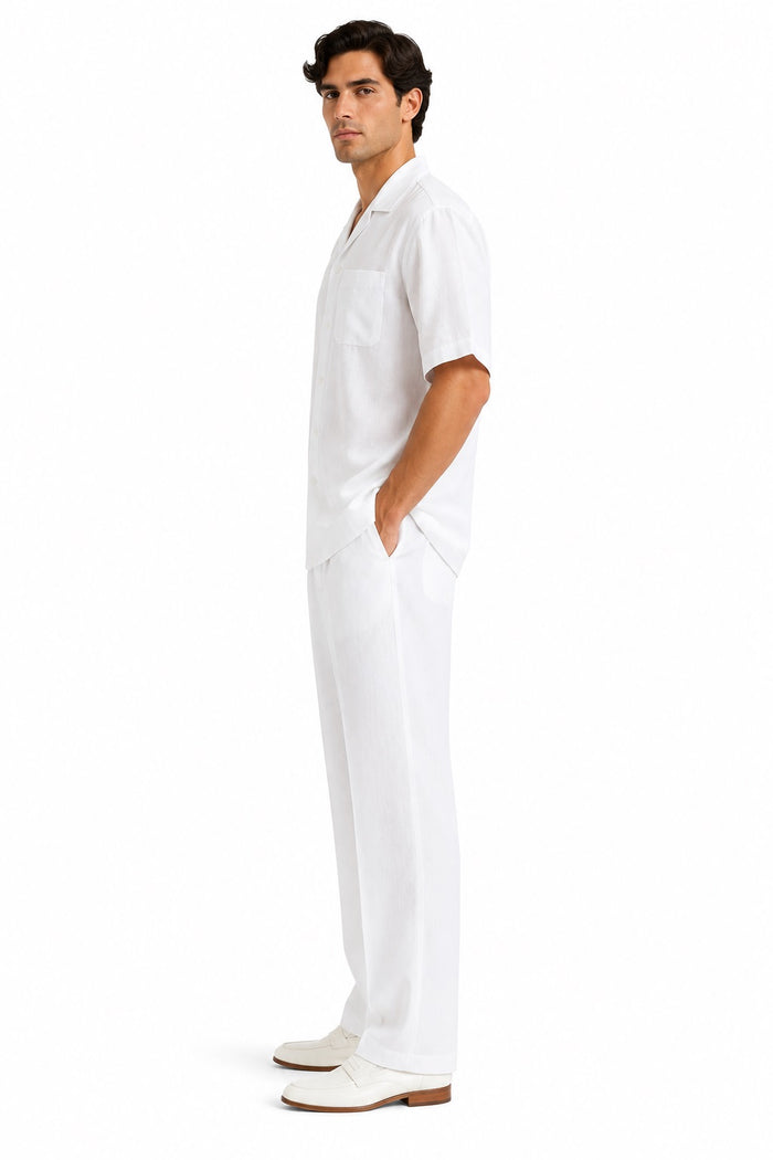 Mens White Linen Shirt and Pants Casual Outfit Set