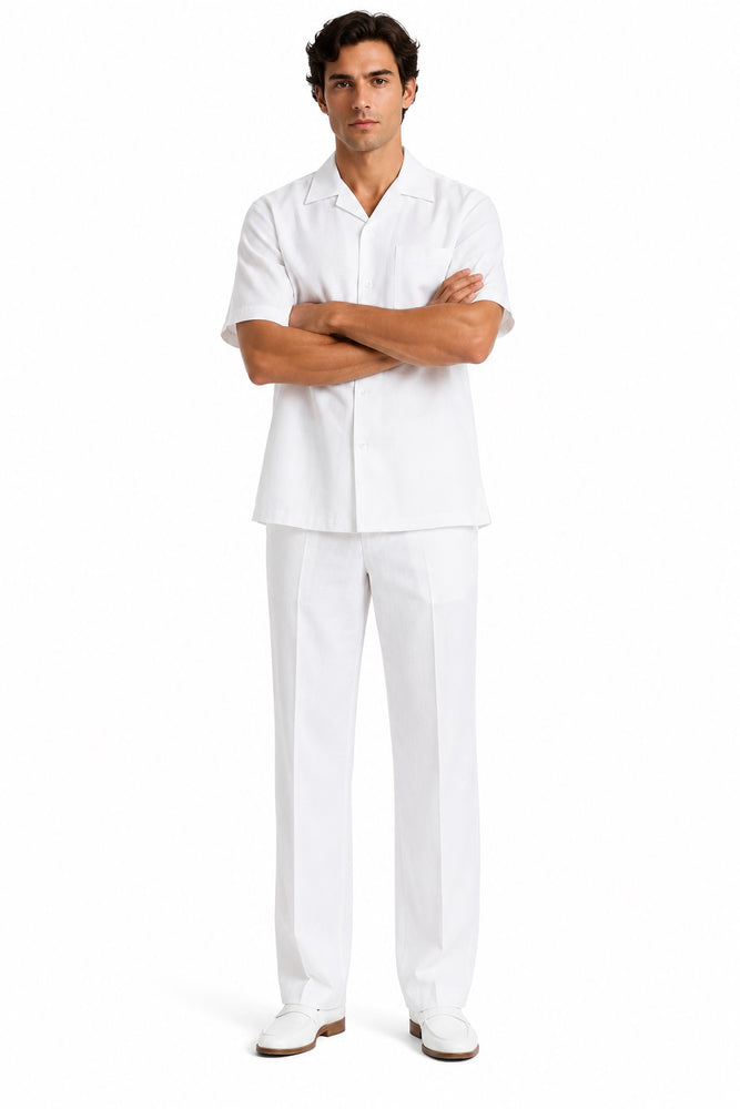Mens White Linen Shirt and Pants Casual Outfit Set