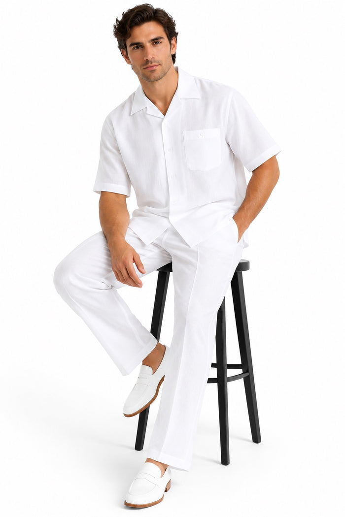 Mens White Linen Shirt and Pants Casual Outfit Set