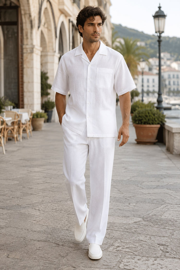 Mens White Linen Shirt and Pants Casual Outfit Set