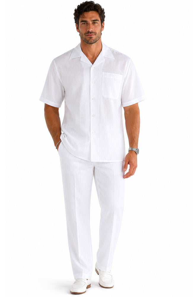 Mens White Linen Shirt and Pants Casual Outfit Set