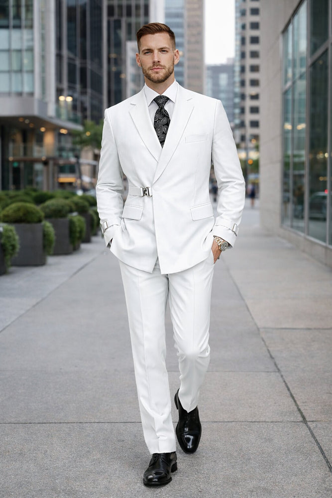 Men’s White Double Breasted Wool Suit with Designer Tailored Formal Set Metal Buckle Closure