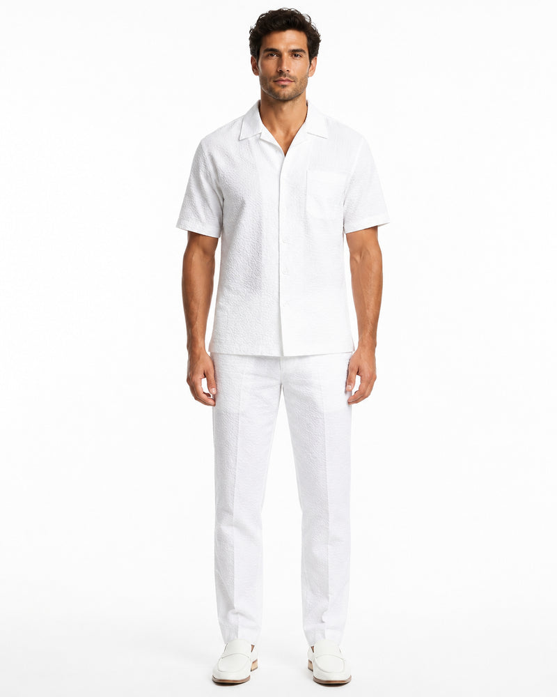 Mens White Seersucker Walking Suit Set – Casual Summer Short Sleeve Outfit with Matching Pants Lightweight Two Piece Set