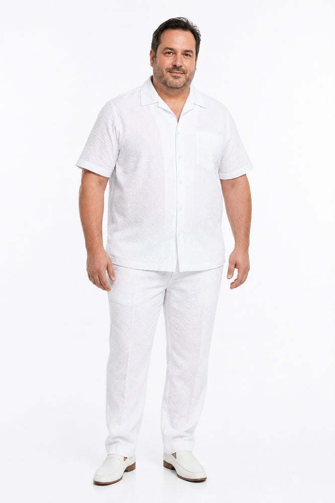Mens White Seersucker Walking Suit Set – Casual Summer Short Sleeve Outfit with Matching Pants Lightweight Two Piece Set