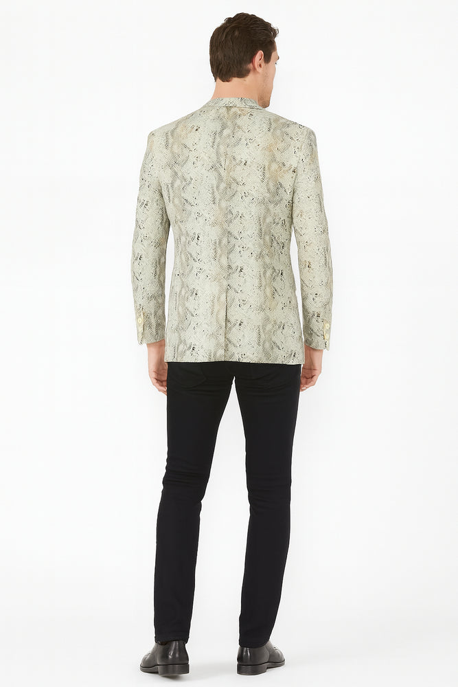 Men’s White Snake Print Blazer – Exotic Slim Fit Party and Fashion Jacket - Alligator crocodile print