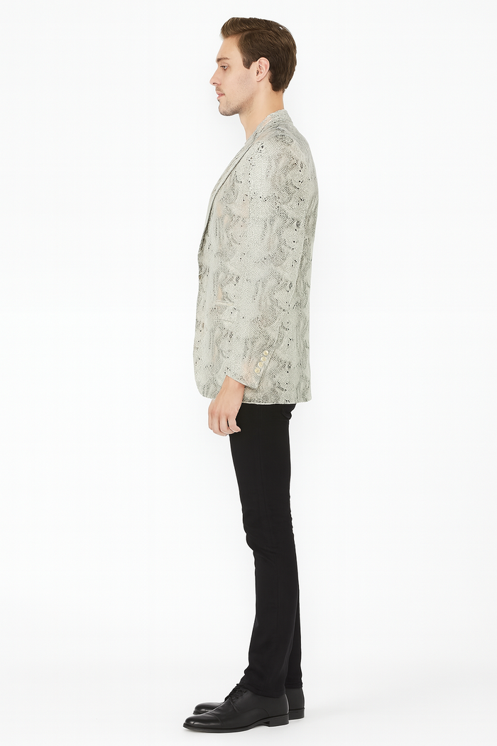 Men’s White Snake Print Blazer – Exotic Slim Fit Party and Fashion Jacket - Alligator crocodile print