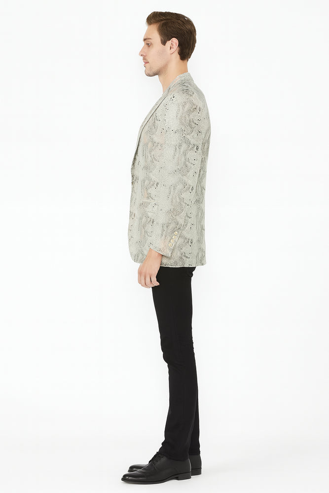 Men’s White Snake Print Blazer – Exotic Slim Fit Party and Fashion Jacket - Alligator crocodile print