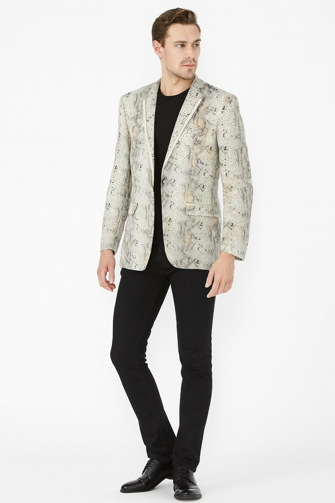 Men’s White Snake Print Blazer – Exotic Slim Fit Party and Fashion Jacket - Alligator crocodile print