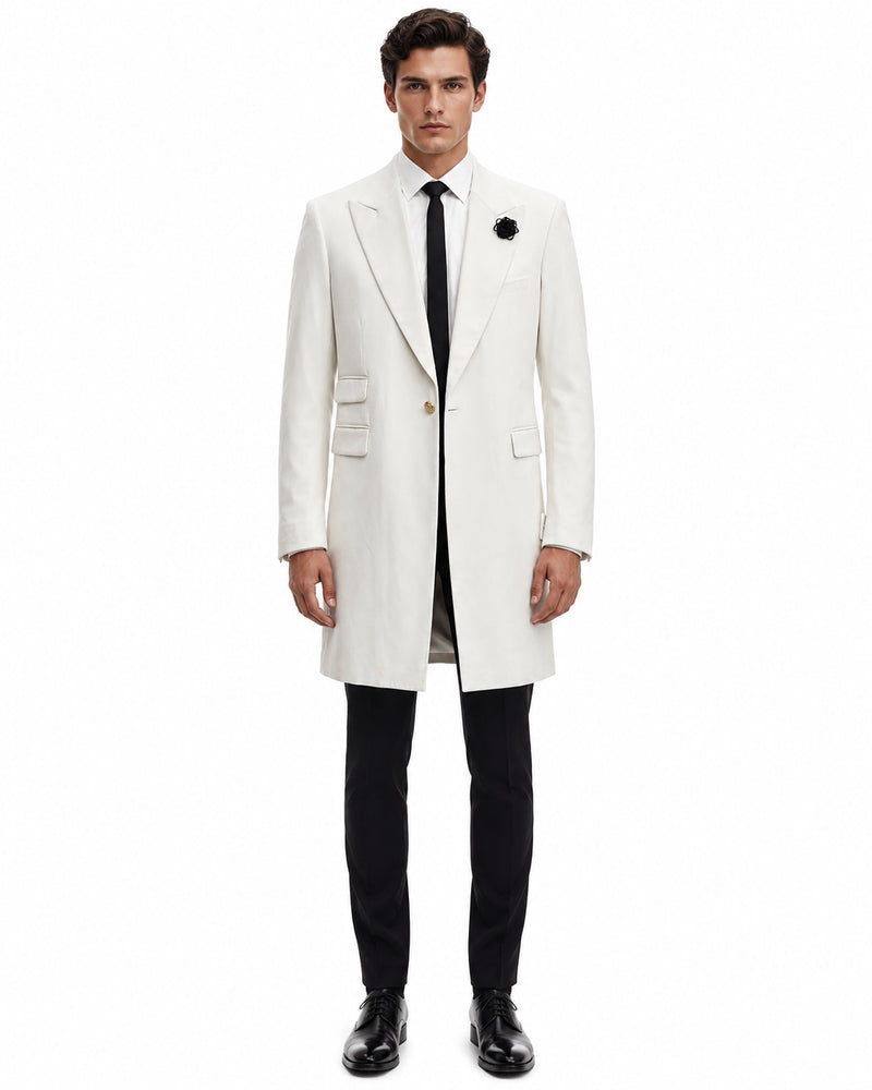 Mens White Velvet Victorian Tailcoat Tuxedo – Three Quarter Length Cutaway Stage And Wedding Jacket
