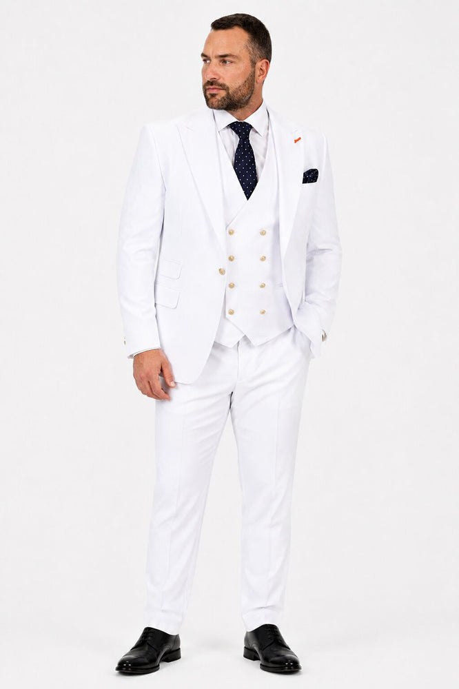 Men's White Statement Ticket Pocket Peak Lapel Wool Double Breasted Vest Suit with Gold Buttons – Modern Fit