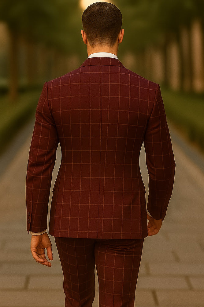 Men's Wine and Baked Apple Pattern Plaid ~ Windowpane Men's Double Breasted Suits Jacket Blazer ~ Sport Coat