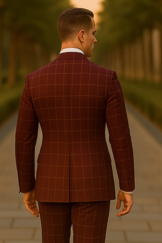 Men's Wine and Baked Apple Pattern Plaid ~ Windowpane Men's Double Breasted Suits Jacket Blazer ~ Sport Coat