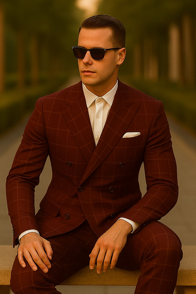 Men's Wine and Baked Apple Pattern Plaid ~ Windowpane Men's Double Breasted Suits Jacket Blazer ~ Sport Coat