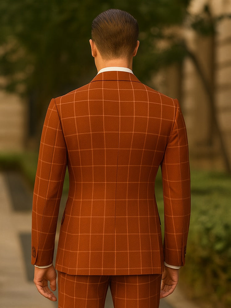 Men's Wine and Baked Apple Pattern Plaid ~ Windowpane Men's Double Breasted Suits Jacket Blazer ~ Sport Coat