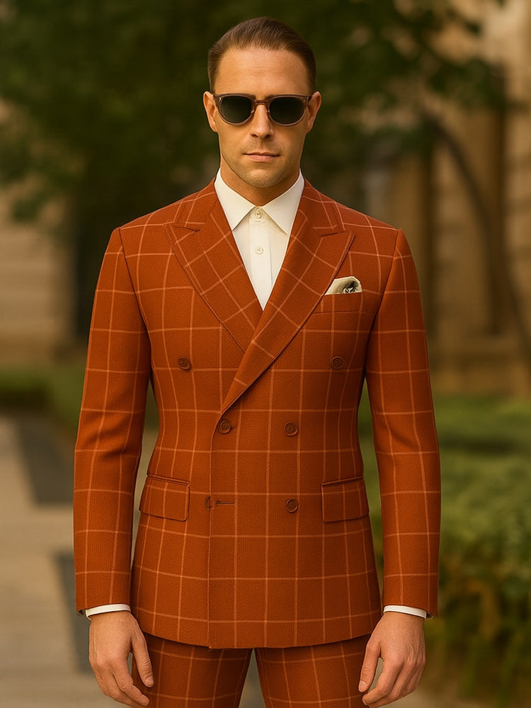 Men's Wine and Baked Apple Pattern Plaid ~ Windowpane Men's Double Breasted Suits Jacket Blazer ~ Sport Coat