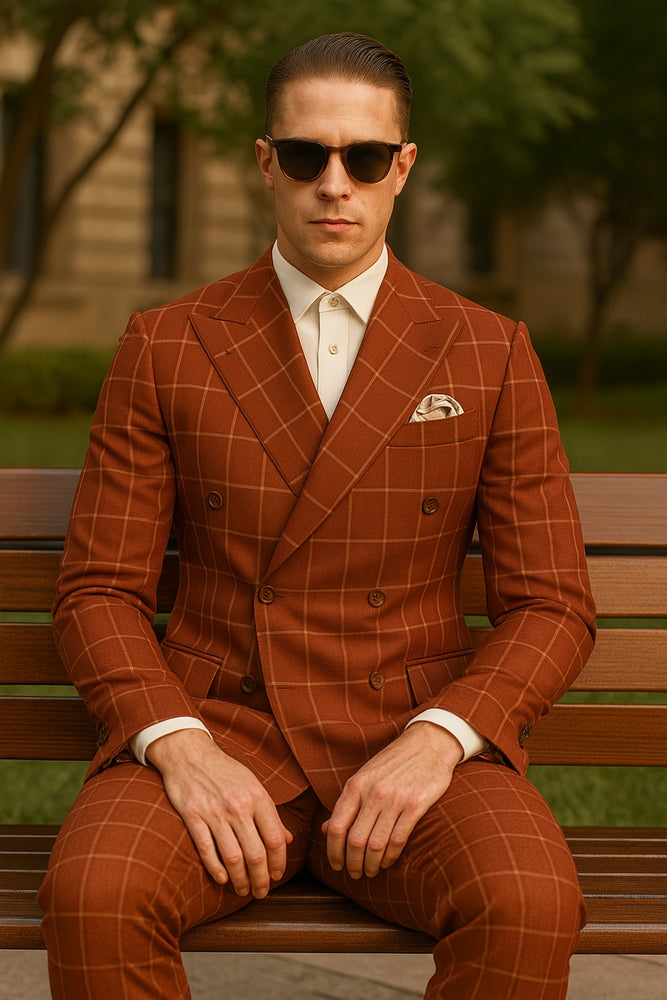 Men's Wine and Baked Apple Pattern Plaid ~ Windowpane Men's Double Breasted Suits Jacket Blazer ~ Sport Coat