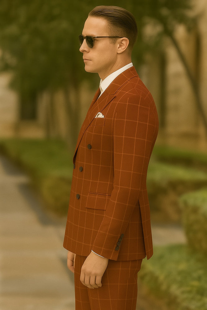 Men's Wine and Baked Apple Pattern Plaid ~ Windowpane Men's Double Breasted Suits Jacket Blazer ~ Sport Coat