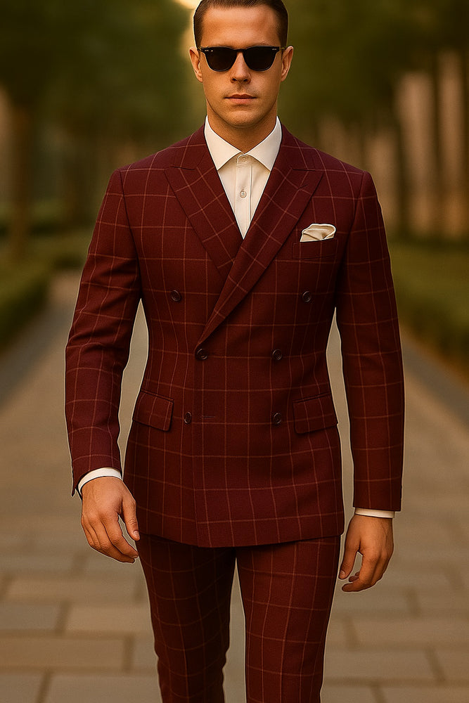 Men's Wine and Baked Apple Pattern Plaid ~ Windowpane Men's Double Breasted Suits Jacket Blazer ~ Sport Coat