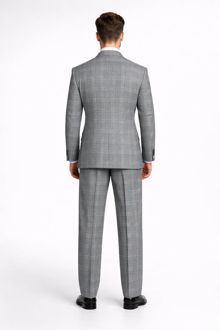 Suits With Baggy Pleated Pants - Wide Leg Pants 100% Wool - Classic Fit in Black and White Plaid Color by Rossiman