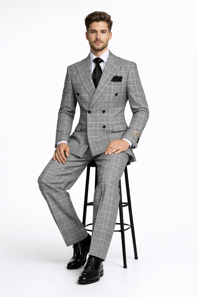 Suits With Baggy Pleated Pants - Wide Leg Pants 100% Wool - Classic Fit in Black and White Plaid Color by Rossiman
