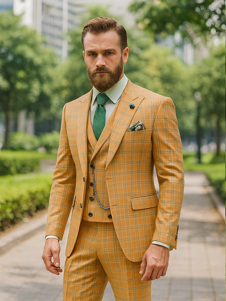 Classic Yellow Plaid Groom Suit – 3-Piece Formal Outfit