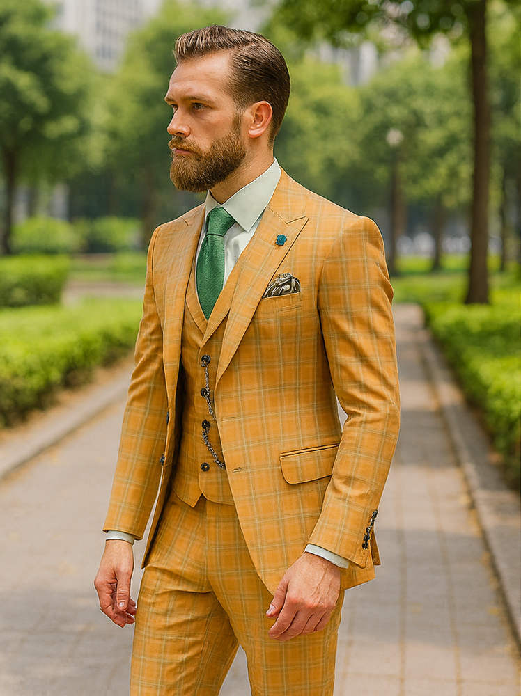 Classic Yellow Plaid Groom Suit – 3-Piece Formal Outfit