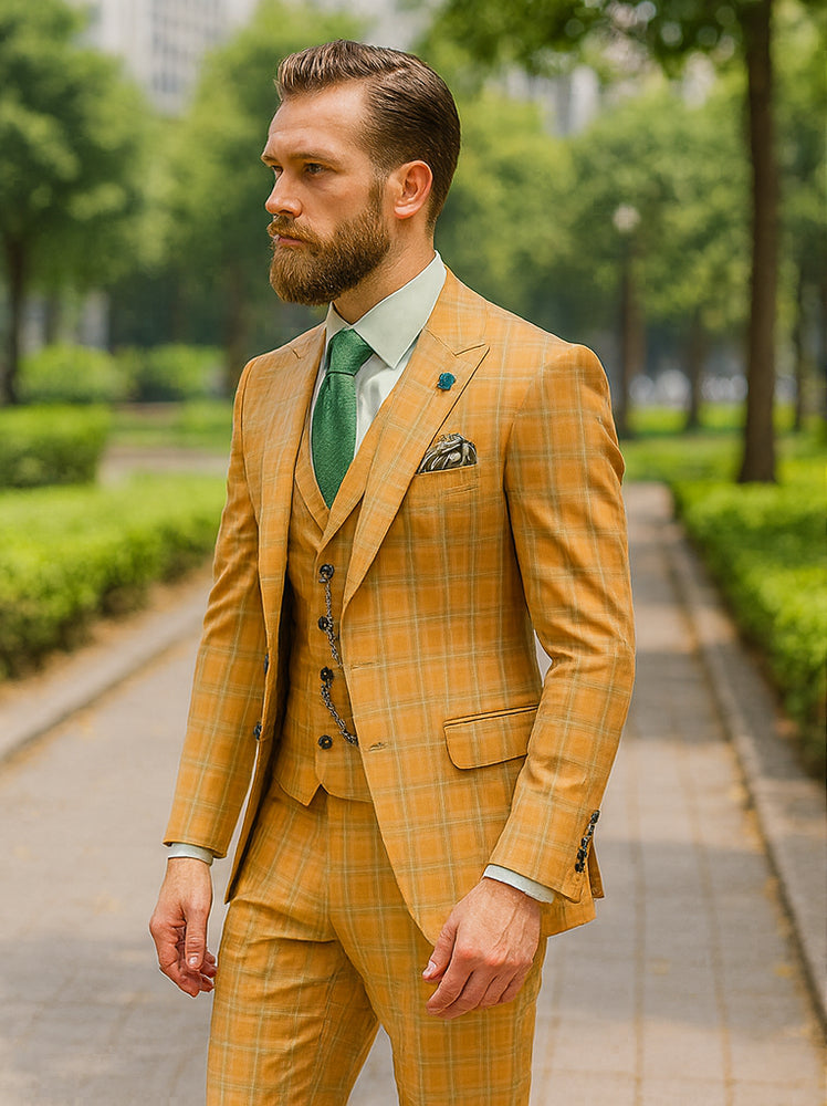 Classic Yellow Plaid Groom Suit – 3-Piece Formal Outfit