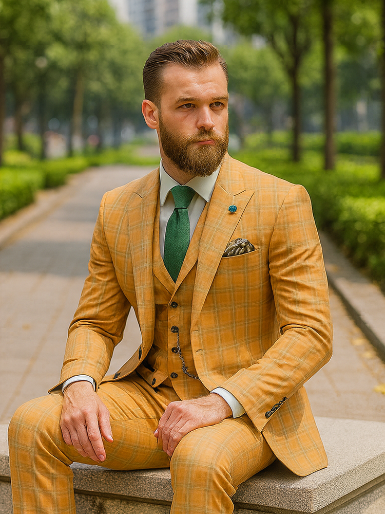 Classic Yellow Plaid Groom Suit – 3-Piece Formal Outfit