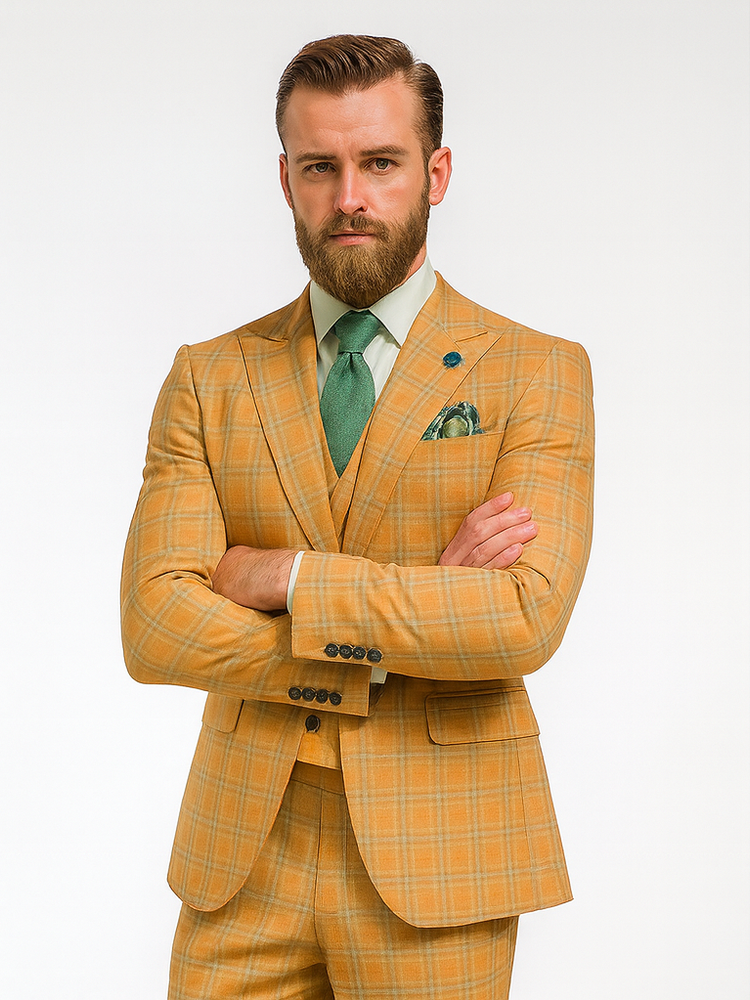 Classic Yellow Plaid Groom Suit – 3-Piece Formal Outfit