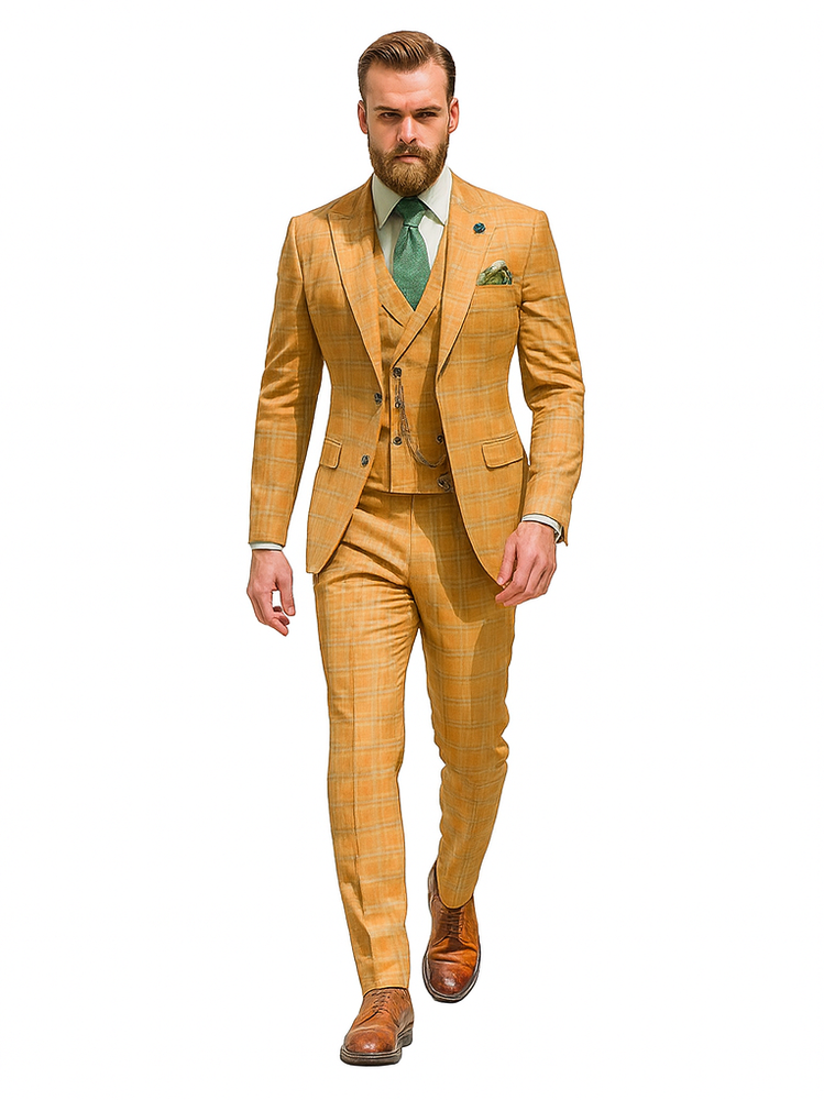 Classic Yellow Plaid Groom Suit – 3-Piece Formal Outfit