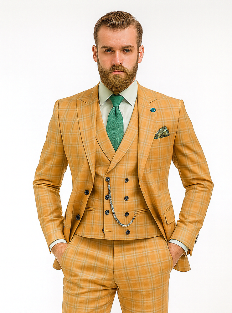 Classic Yellow Plaid Groom Suit – 3-Piece Formal Outfit