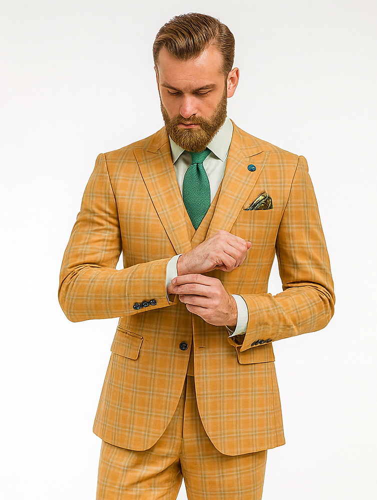 Classic Yellow Plaid Groom Suit – 3-Piece Formal Outfit