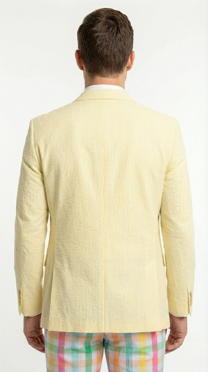 Mens Yellow Seersucker Blazer – Lightweight Summer Sport Coat Formal Casual Wedding Party Jacket