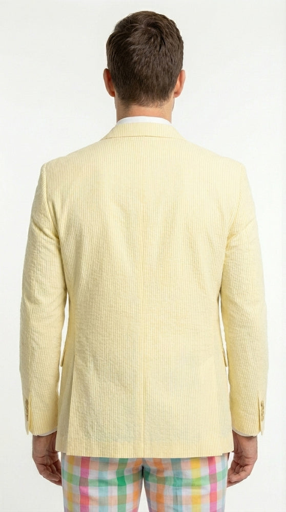 Mens Yellow Seersucker Blazer – Lightweight Summer Sport Coat Formal Casual Wedding Party Jacket