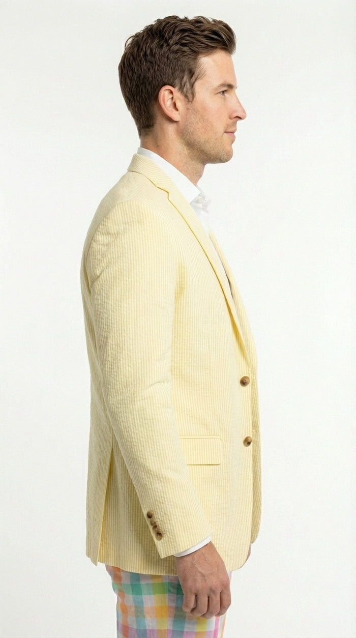 Mens Yellow Seersucker Blazer – Lightweight Summer Sport Coat Formal Casual Wedding Party Jacket