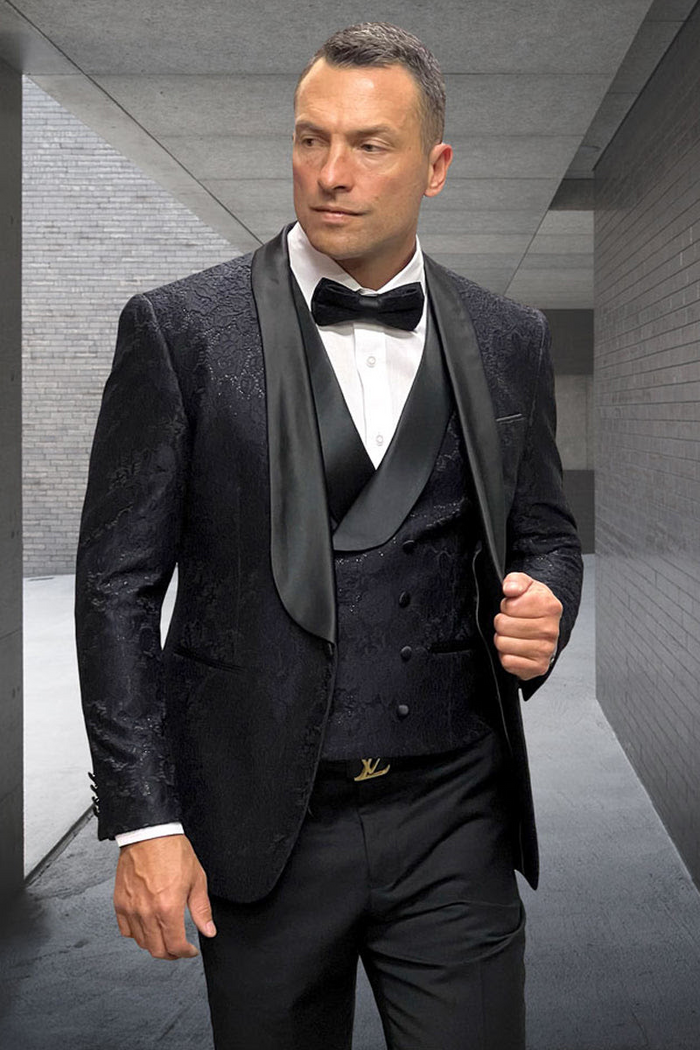 Men’s Designer Floral Lace Wedding Tuxedo in Black – Stylish Vested Suit
