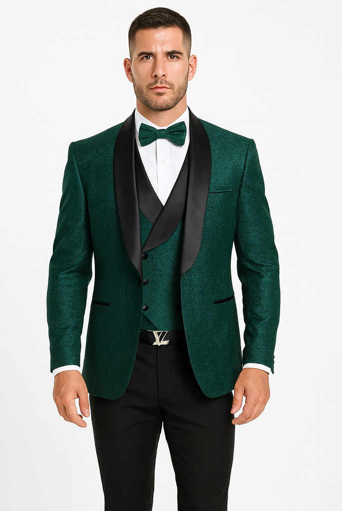 Men's Hunter Green Floral Lace Wedding Tuxedo with Vest – Designer Formal Suit