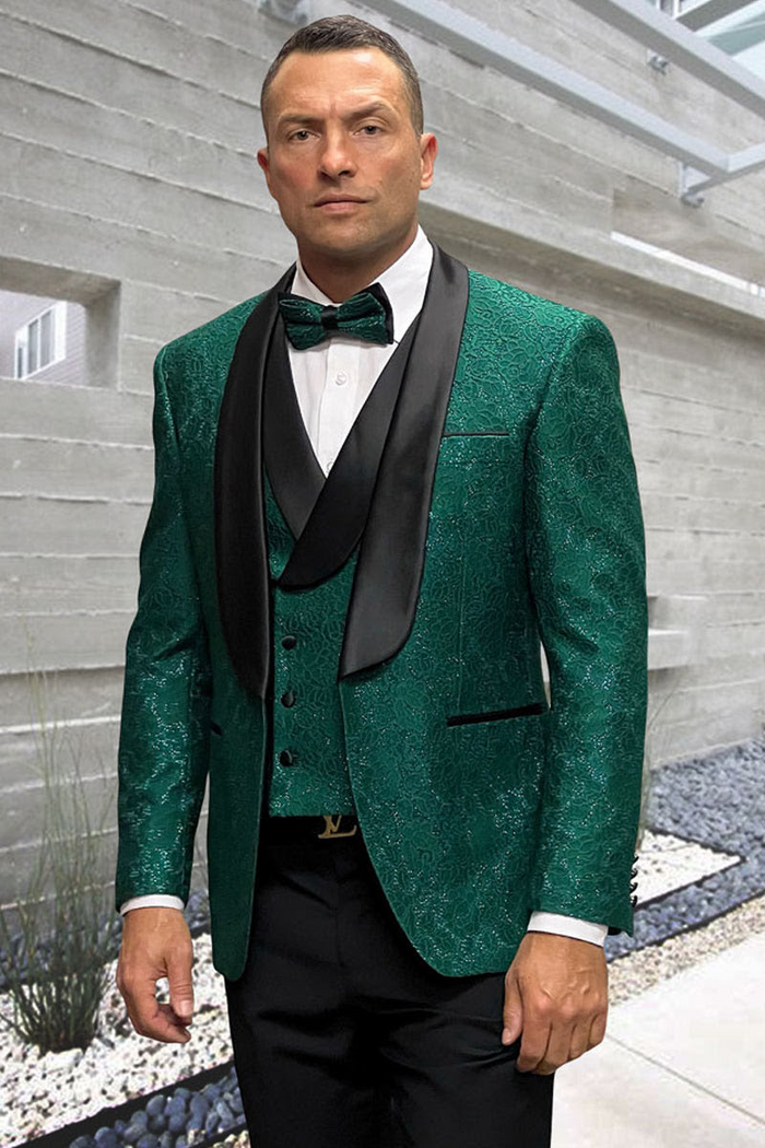 Men's Hunter Green Floral Lace Wedding Tuxedo with Vest – Designer Formal Suit