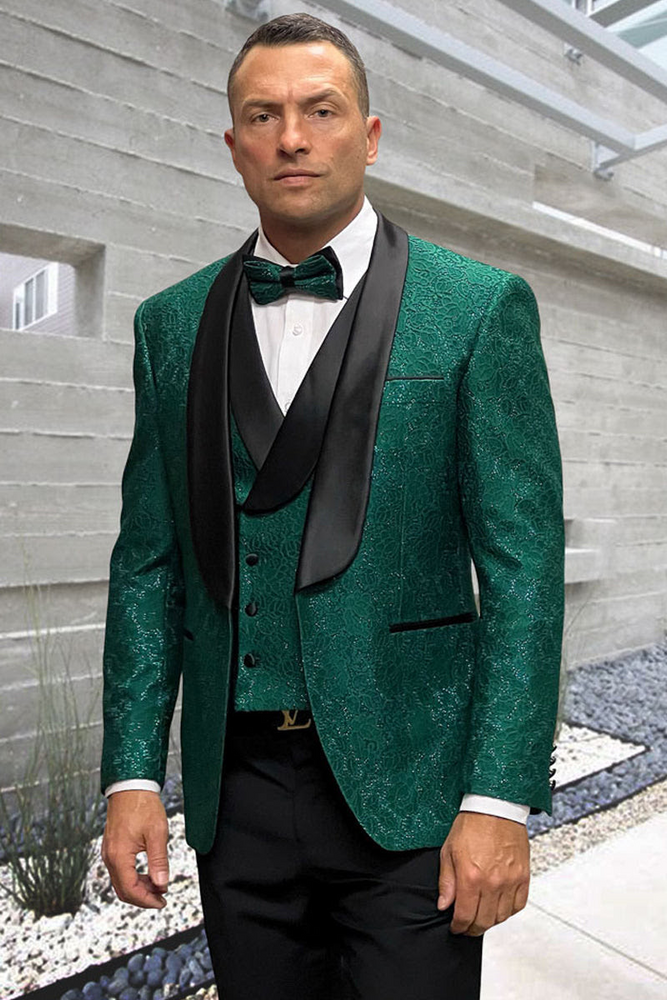 Men's Hunter Green Floral Lace Wedding Tuxedo with Vest – Designer Formal Suit