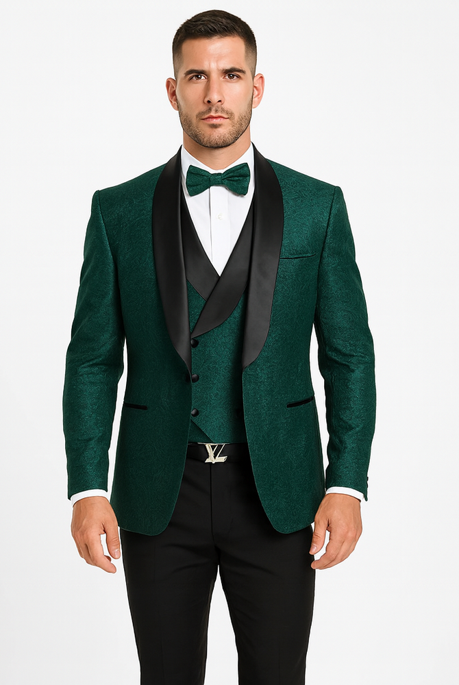 Men's Hunter Green Floral Lace Wedding Tuxedo with Vest – Designer Formal Suit
